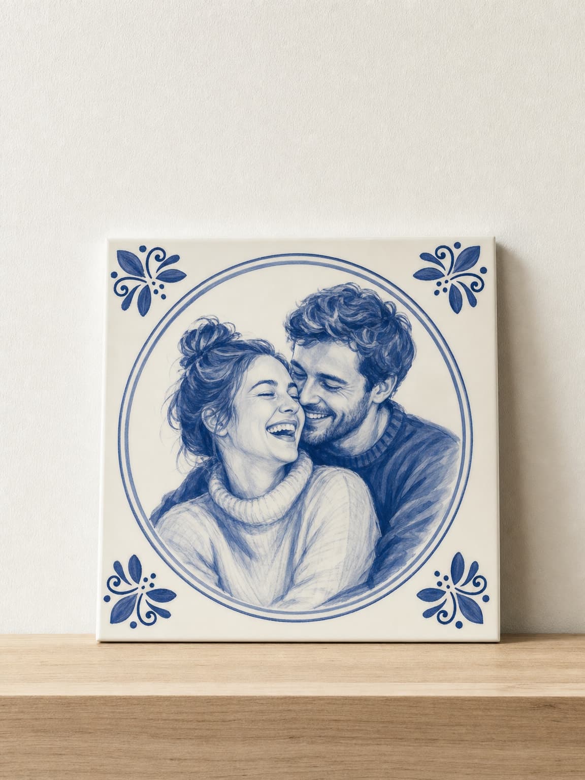 Fotofliese — dein Foto in Delfter Blau auf Keramik gemalt